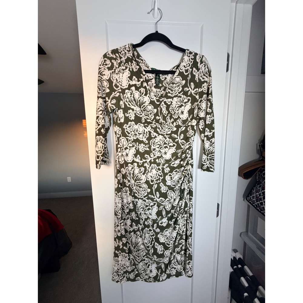Lauren Ralph Lauren Olive Green White Floral Ruched Sheath Dress Size 8_143